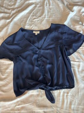 Navy sheer satin Tie-Front Blouse with flowy sleeve